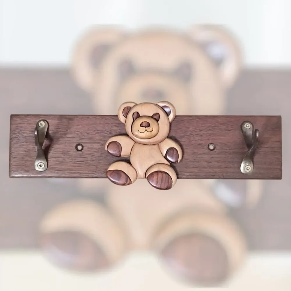 Vintage 90s Intarsia Wood Teddy Bear Wall Hook Rack – Earthwood Artisans, 11x2.5